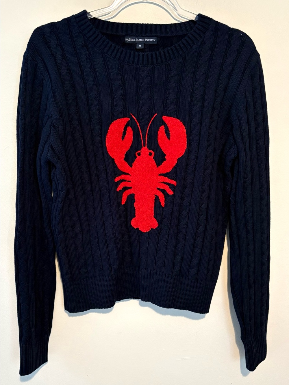 Kiel James Patrick lobster cable knit cotton sweater in navy - Picture 4 of 9